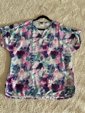Wink scrub top Watercolor Floral V-Neck Tunic in Purple, Teal & Pink